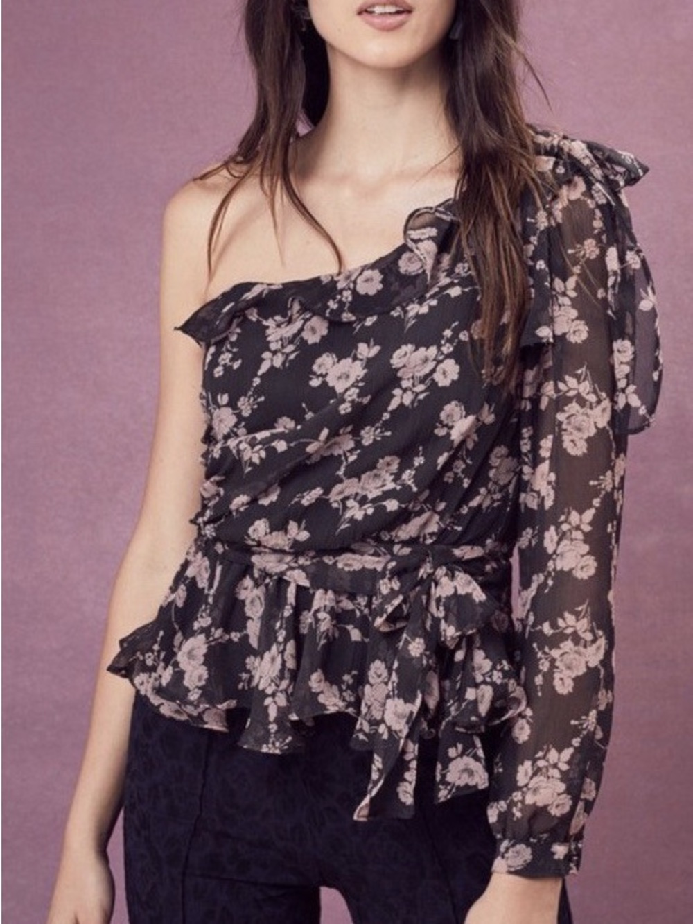 For Love and Lemons Floral One-Shoulder Ruffle Peplum Top - Black & Blush